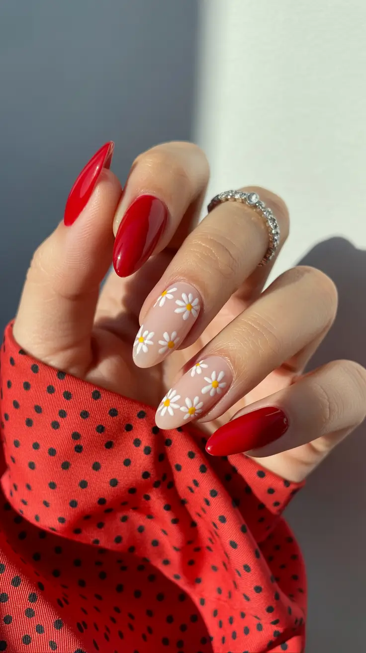 red nails trend 2026 Classic Red Almond With Cute Floral Art