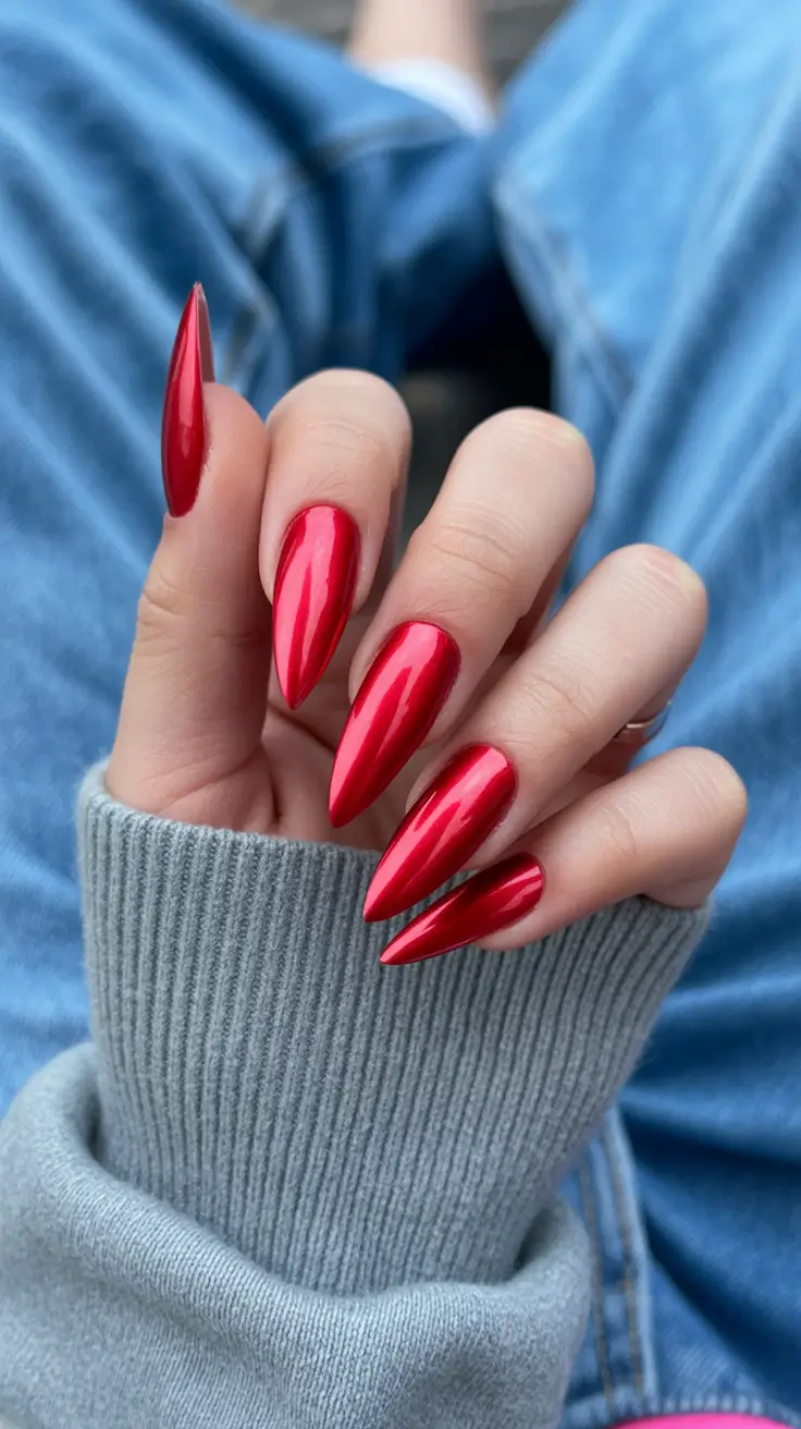 red nails trend 2026 Metallic Red Cat Eye Almond Nails