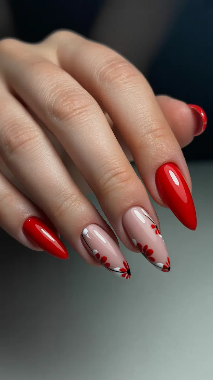red nails trend 2026 Soft Red Almond With Playful Petal Art