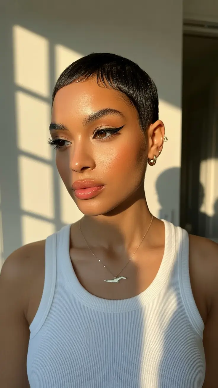 Short Hairstyles Inspiration 2026 Ultra-Sleek Ebony Pixie with Micro-Bangs