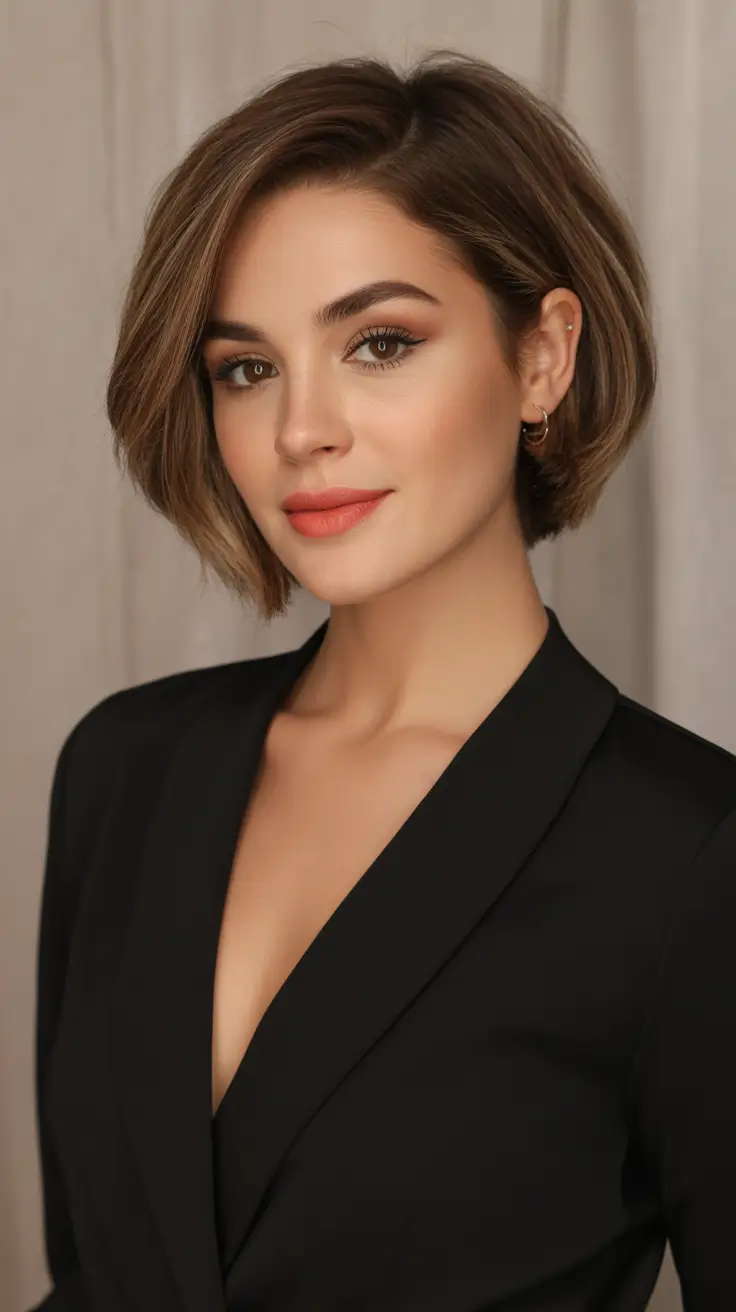 Short Hairstyles Inspiration 2026 Softly Layered Bob with Warm Brunette Dimension