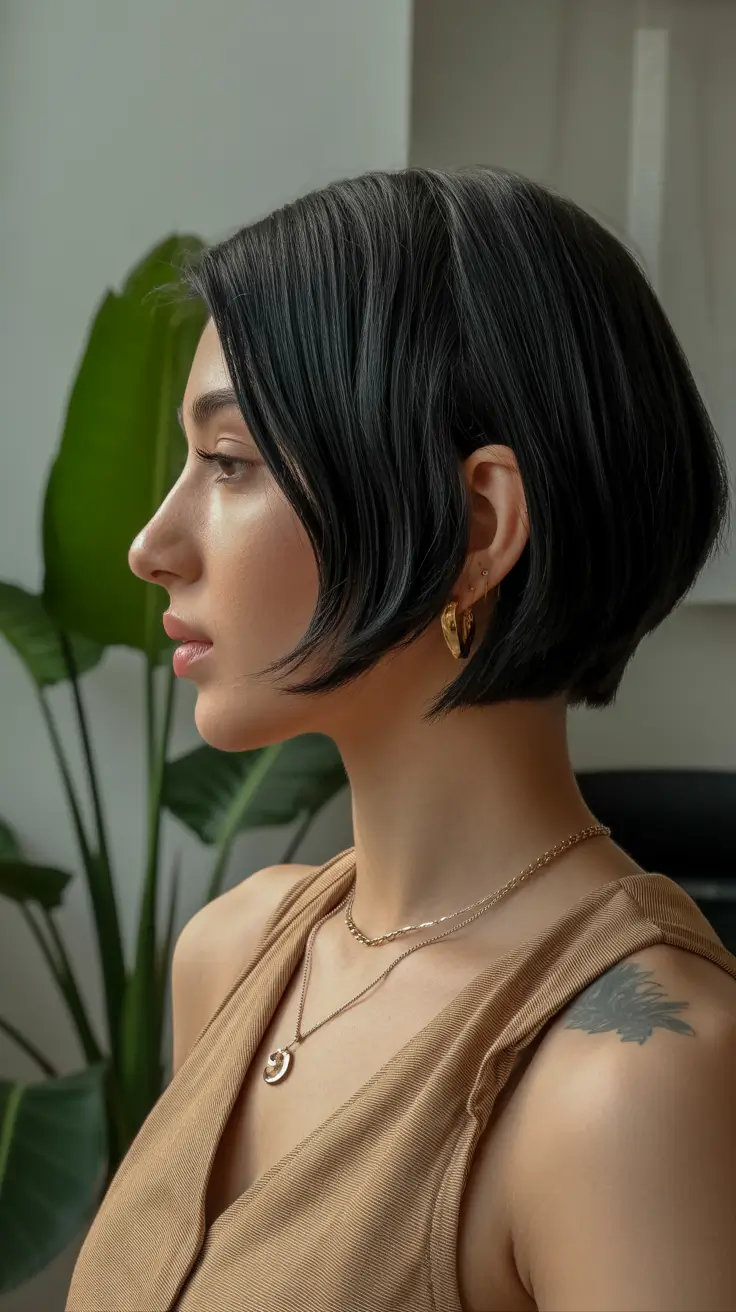 Short Hairstyles Inspiration 2026 Minimalist Jet-Black Bob with Curved Lines