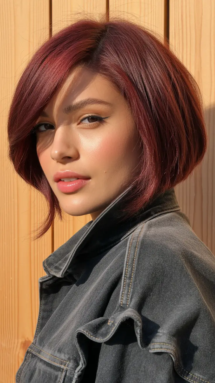 Short Hairstyles Inspiration 2026 Deep Ruby Bob with Side-Swept Volume