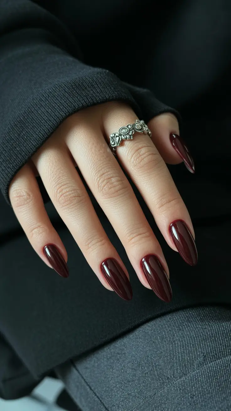 simple nail designs 2026 Deep Merlot Almond Elegance