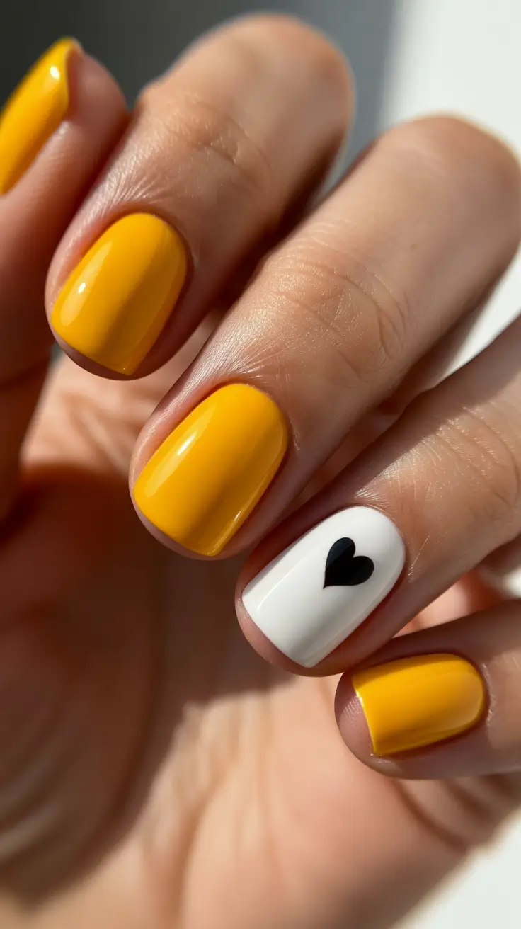 simple nail designs 2026 Sunshine Yellow With a Minimal Heart Accent
