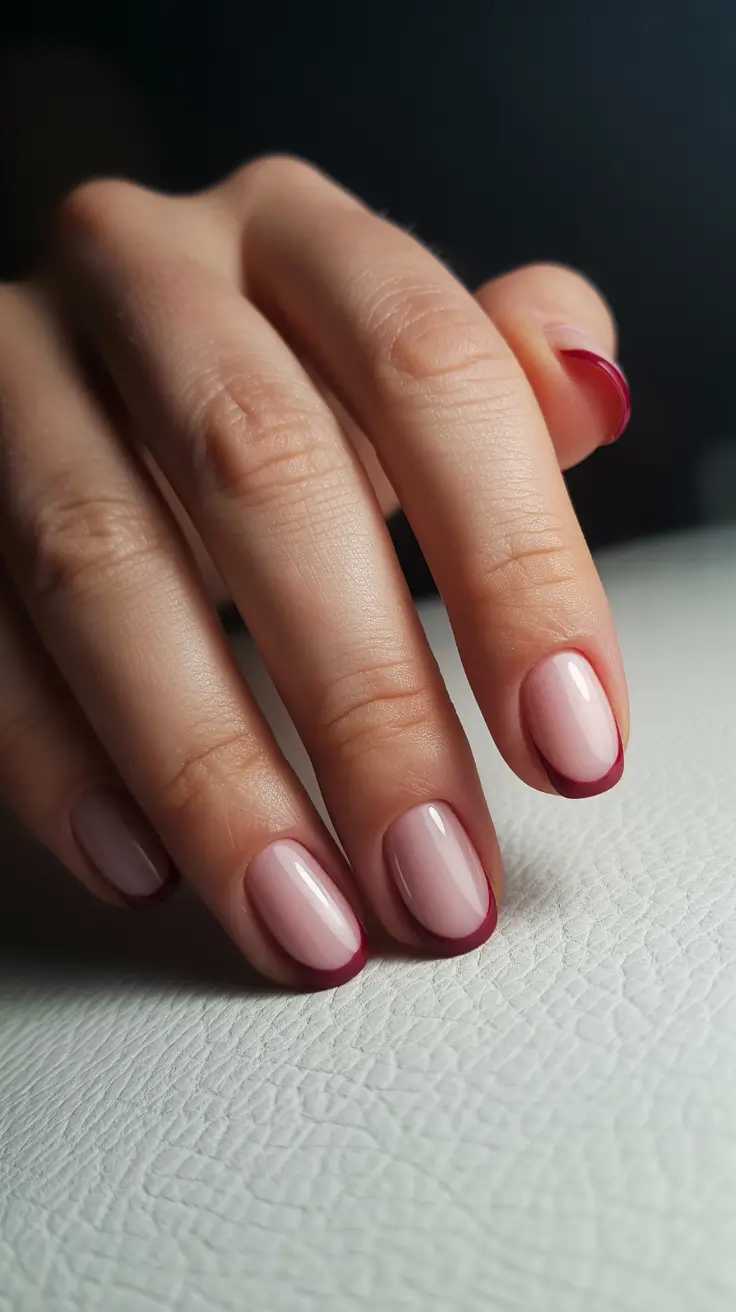 simple nail designs 2026 Burgundy Micro-French on Soft Nude