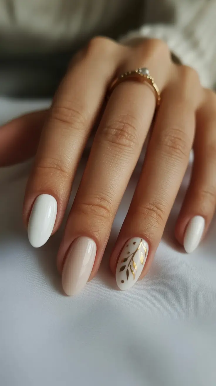 simple nail designs 2026 White Almond Nails With Gold Leaf Detailing