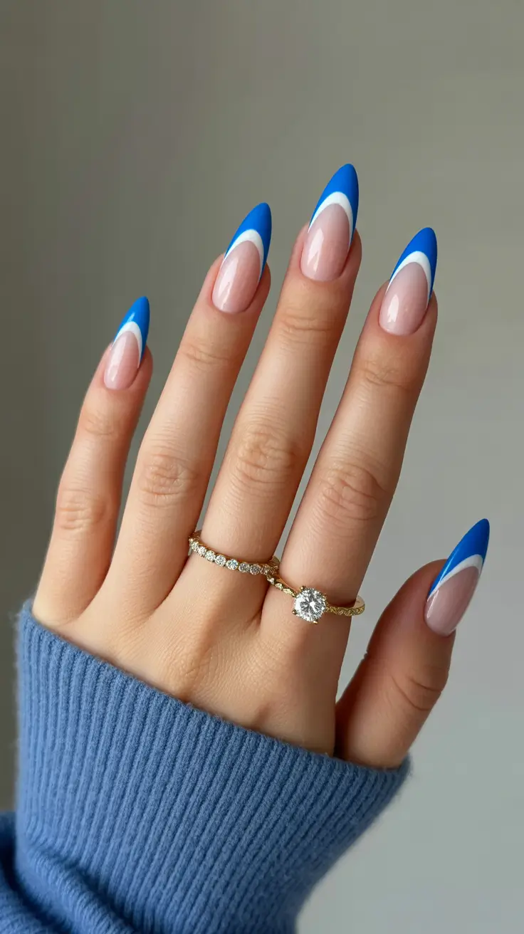 simple nail designs 2026 Bold Blue Dual-French Almond Tips