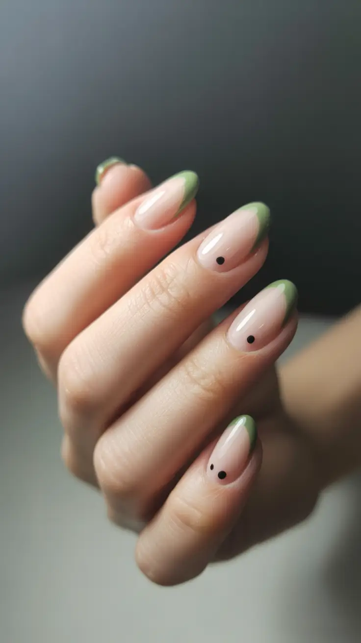 simple nail designs 2026 Fresh Green Almond French With Minimal Dot Art