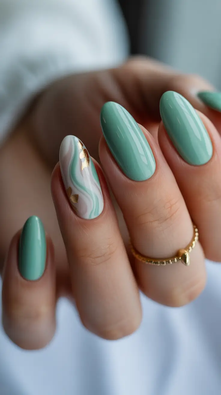 simple nail designs 2026 Soft Green With Marble Accents and Golden Flecks