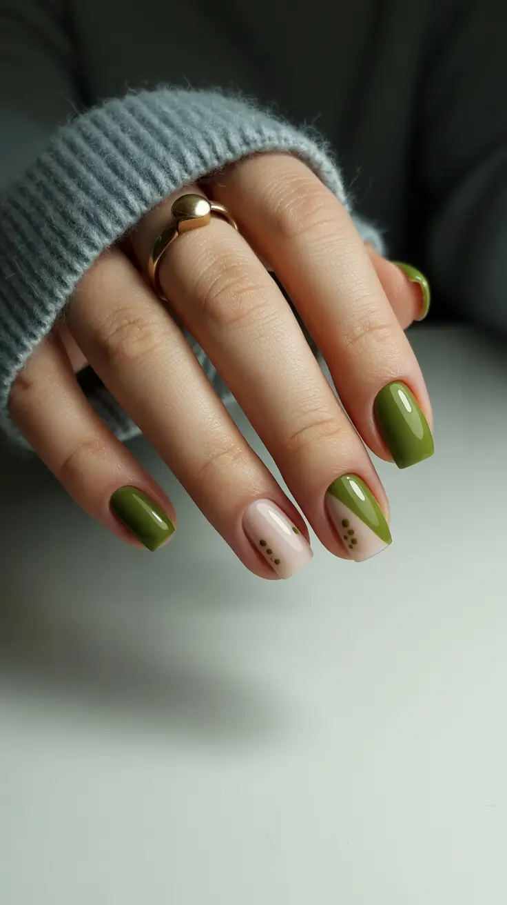 simple nail designs 2026 Soft Green Squares With Minimal Dot Art