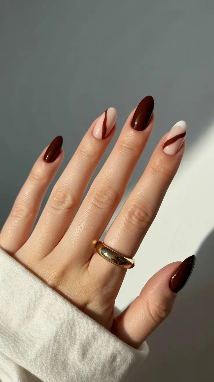 simple nail designs 2026 Chocolate Swirls for Almond Lovers