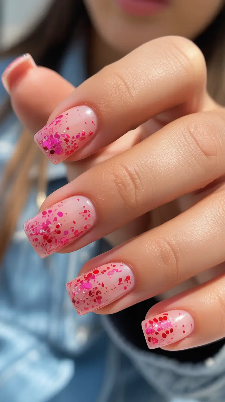 square nail designs 2026 Pink Confetti Glitter Ombré for Playful Sparkle