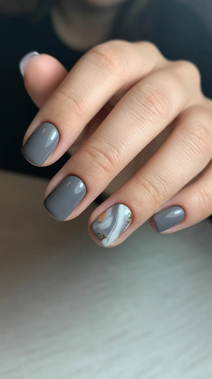 square nail designs 2026 Marble-Grayed Calm With Metallic Leaf Accents