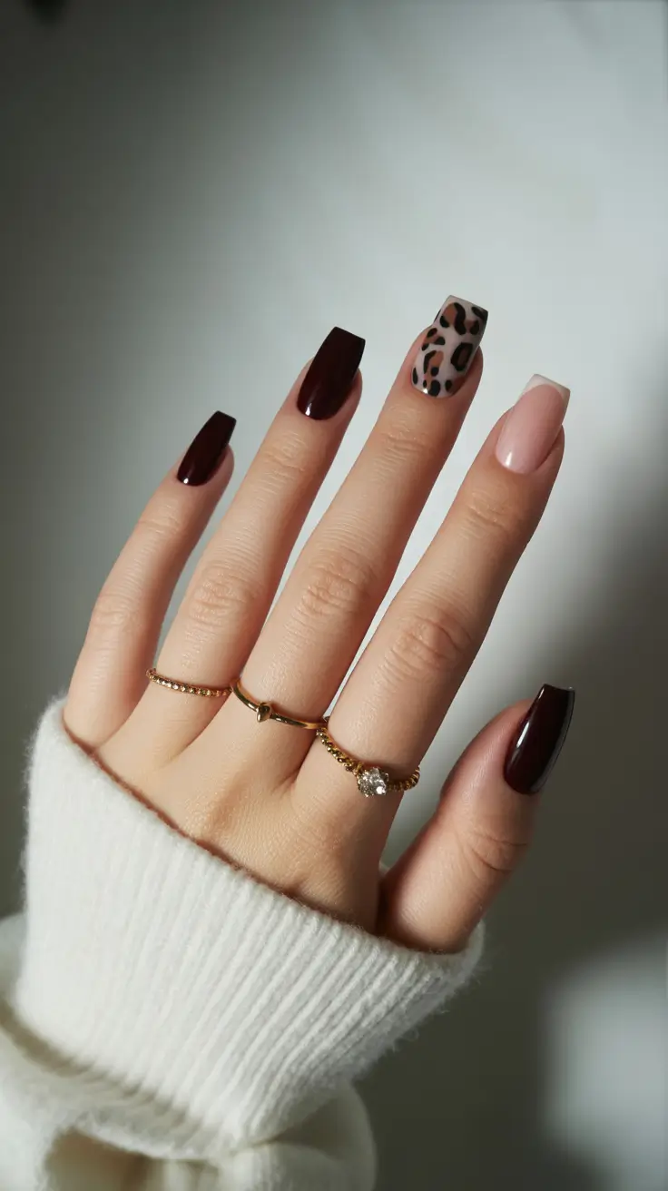 square nail designs 2026 Mocha Chic With Leopard Accent for Subtle Edge