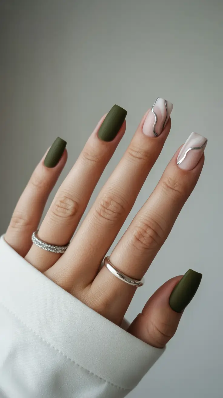 square nail designs 2026 Matte Olive Calm With Metallic Ribbon Accents