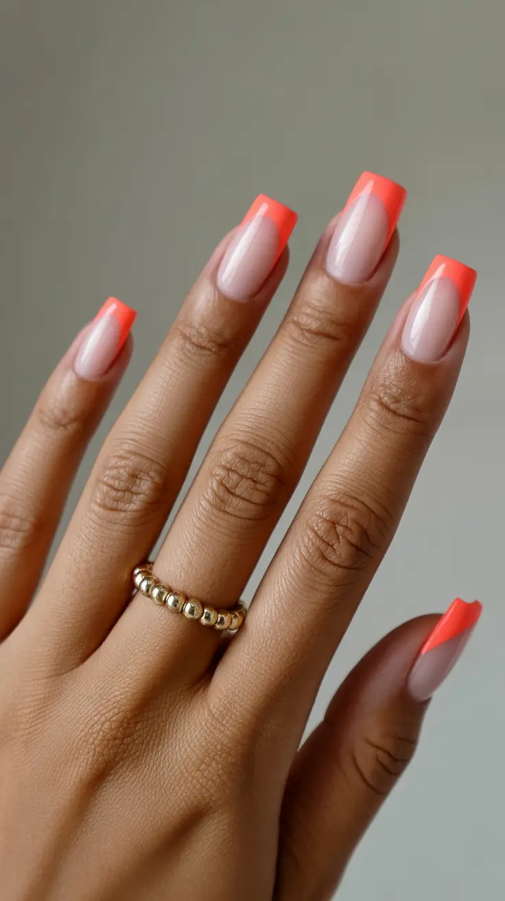 square nail designs 2026 Neon Coral French for Bold Summer Energy