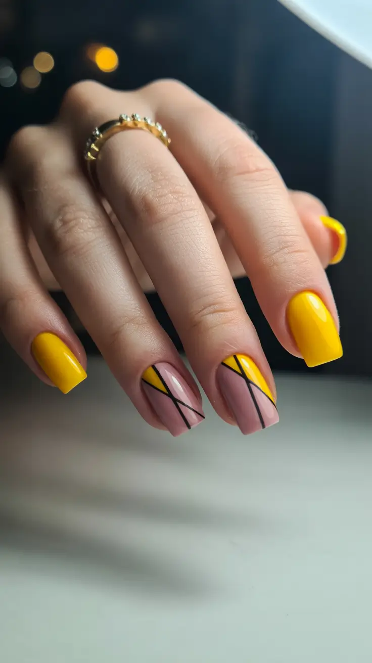 square nail designs 2026 Yellow Geometry for Modern Statement Lines