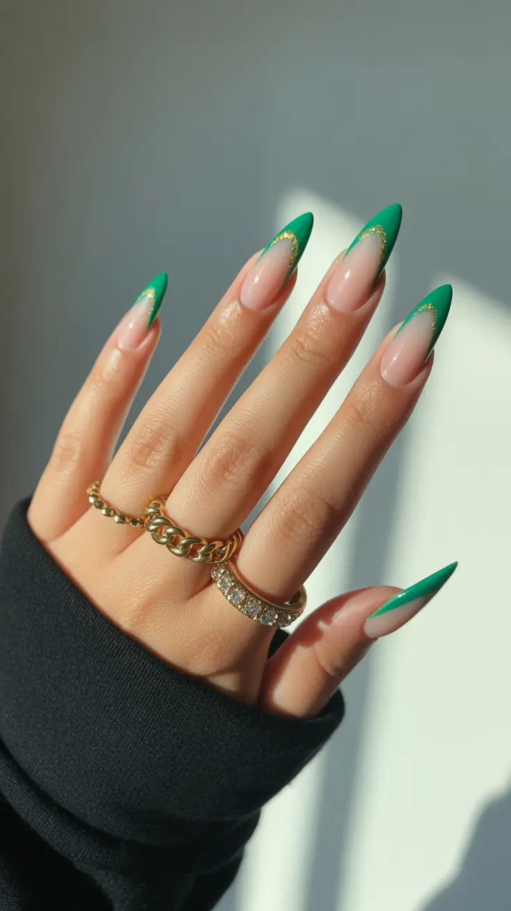 stiletto-nails-designs-2026-Green-French-Fade-With-Gold-Sparkle