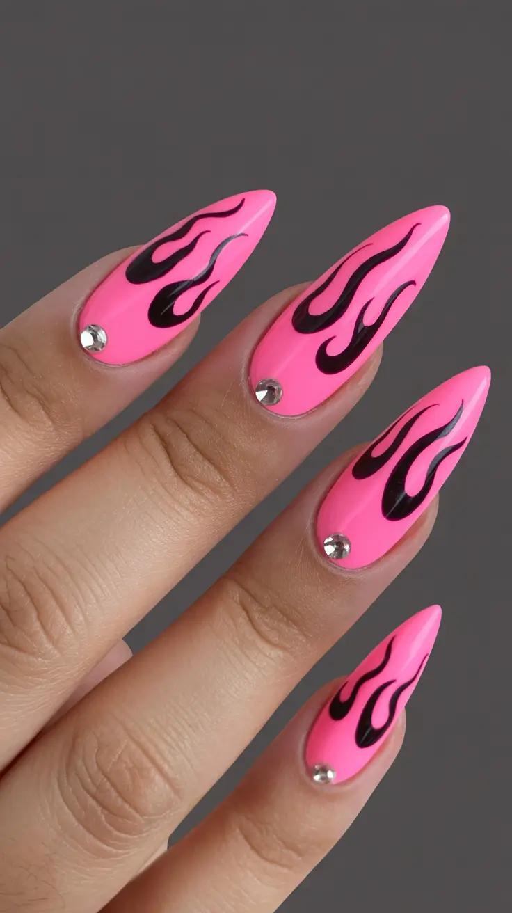 stiletto-nails-designs-2026-Hot-Pink-Flames-With-Chrome-Stud-Accents