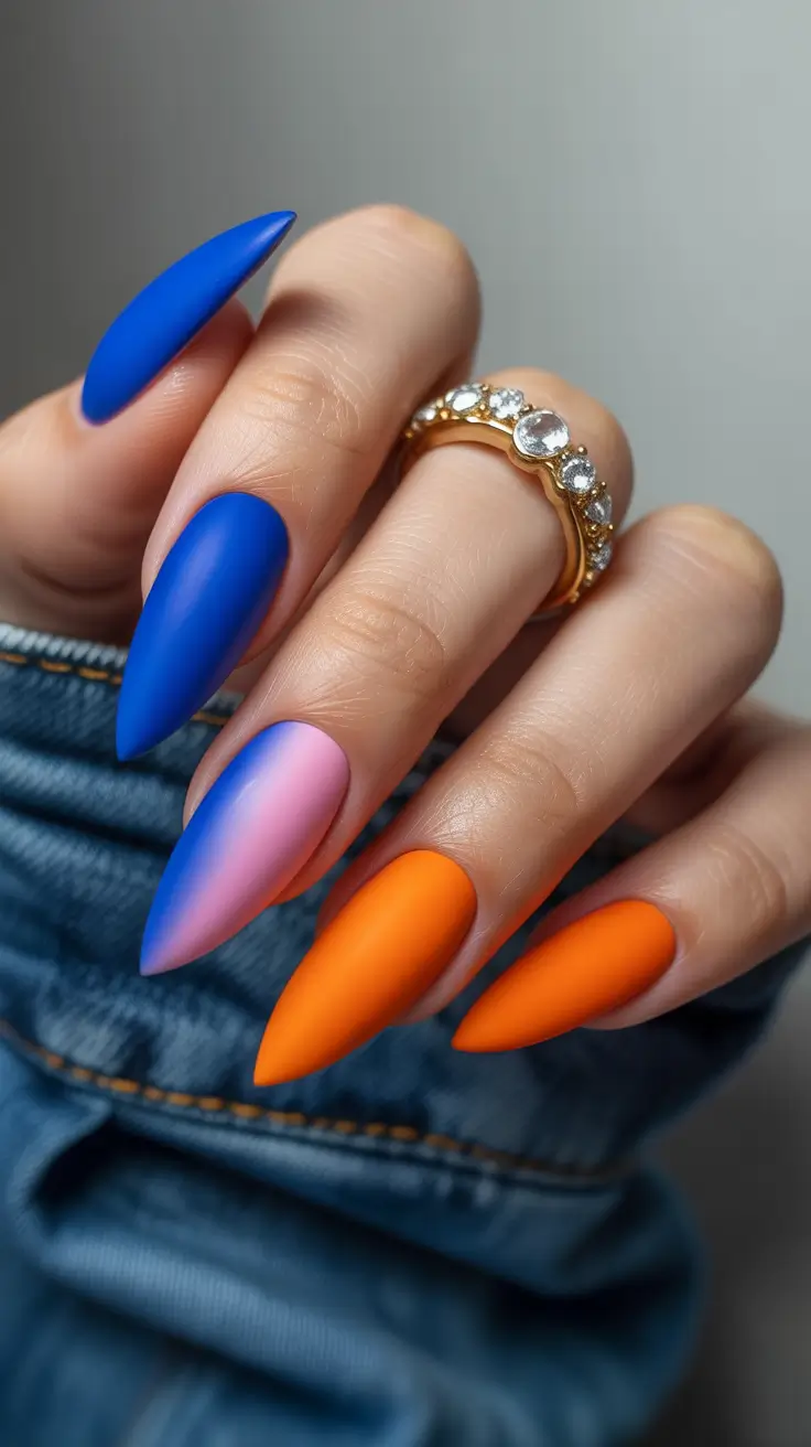 stiletto-nails-designs-2026-Vivid-Blue-and-Orange-Matte-Gradient-Mix