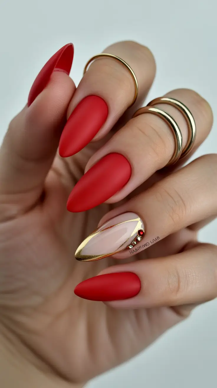 stiletto-nails-designs-2026-Red-Velvet-Matte-With-Sculpted-Golden-Accent