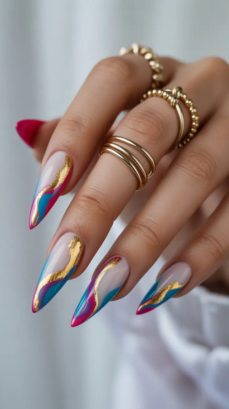 stiletto-nails-designs-2026-Ocean-Jewel-Swirls-in-Blue-Pink-and-Gold