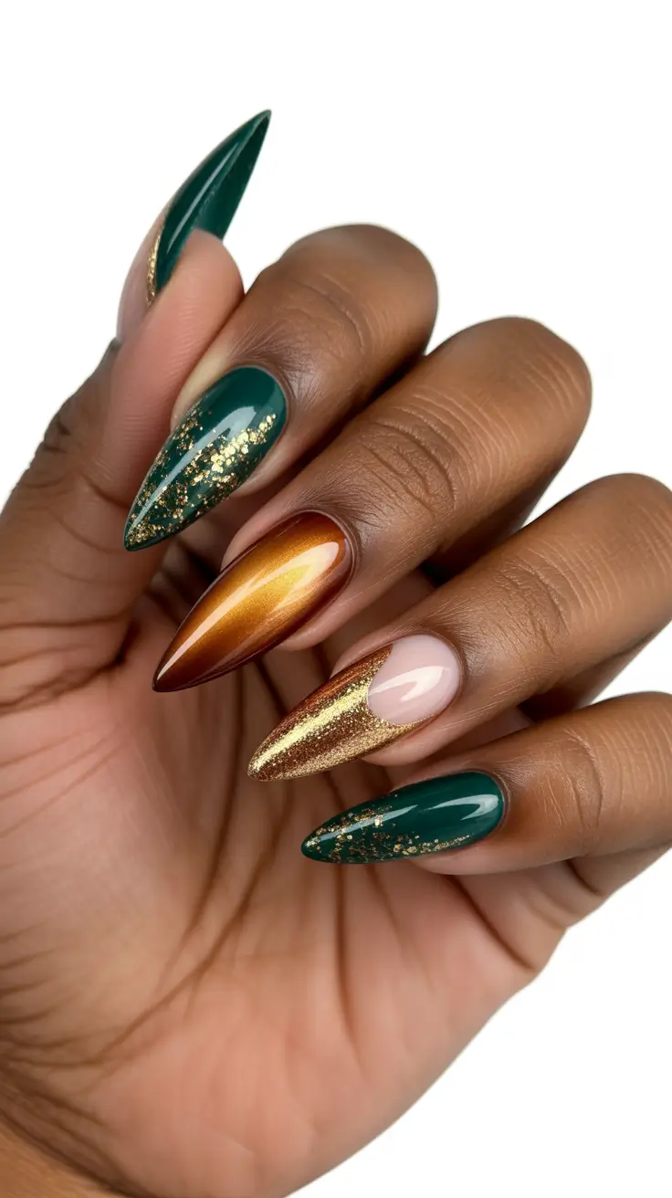 stiletto-nails-designs-2026-Emerald-Drama-With-Golden-Glow