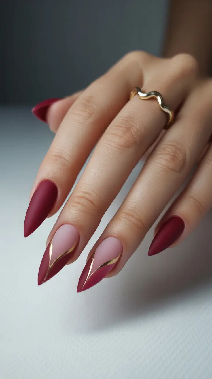 stiletto-nails-designs-2026-Matte-Burgundy-Elegance-With-Golden-Contours