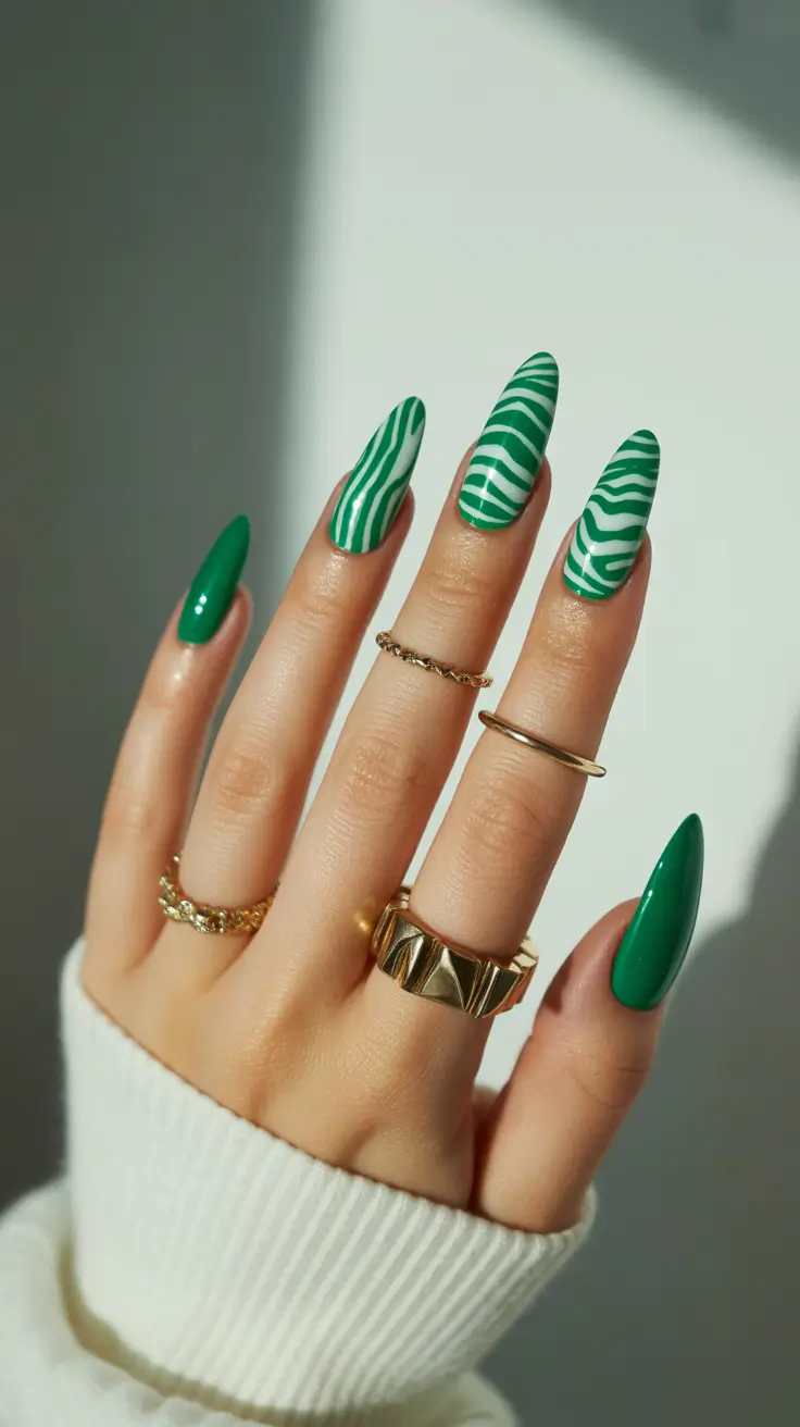 stiletto-nails-designs-2026-Green-Waves-With-Crisp-Minimalist-Accents