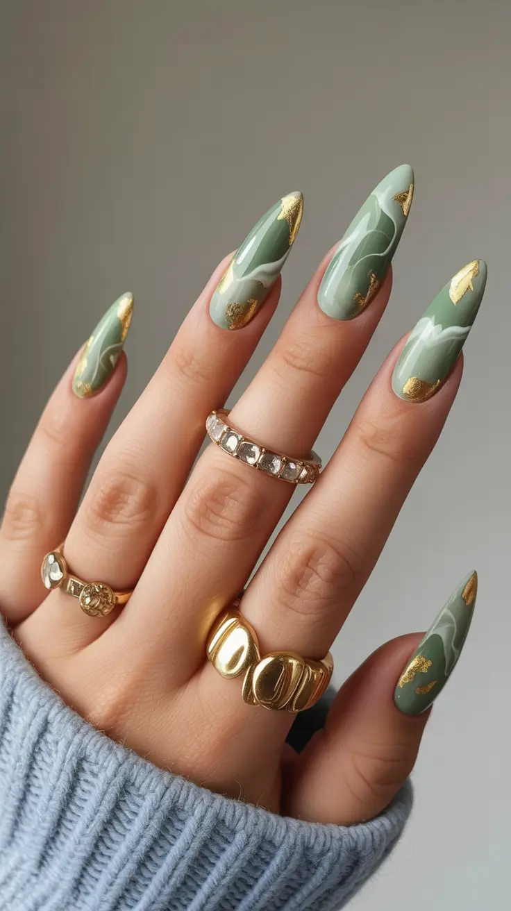 stiletto-nails-designs-2026-Sage-Marble-With-Gold-Leaf-Accents