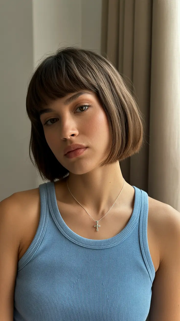 Stylish bob cuts for women 2026 Soft Brown Bob with Gentle Fringe