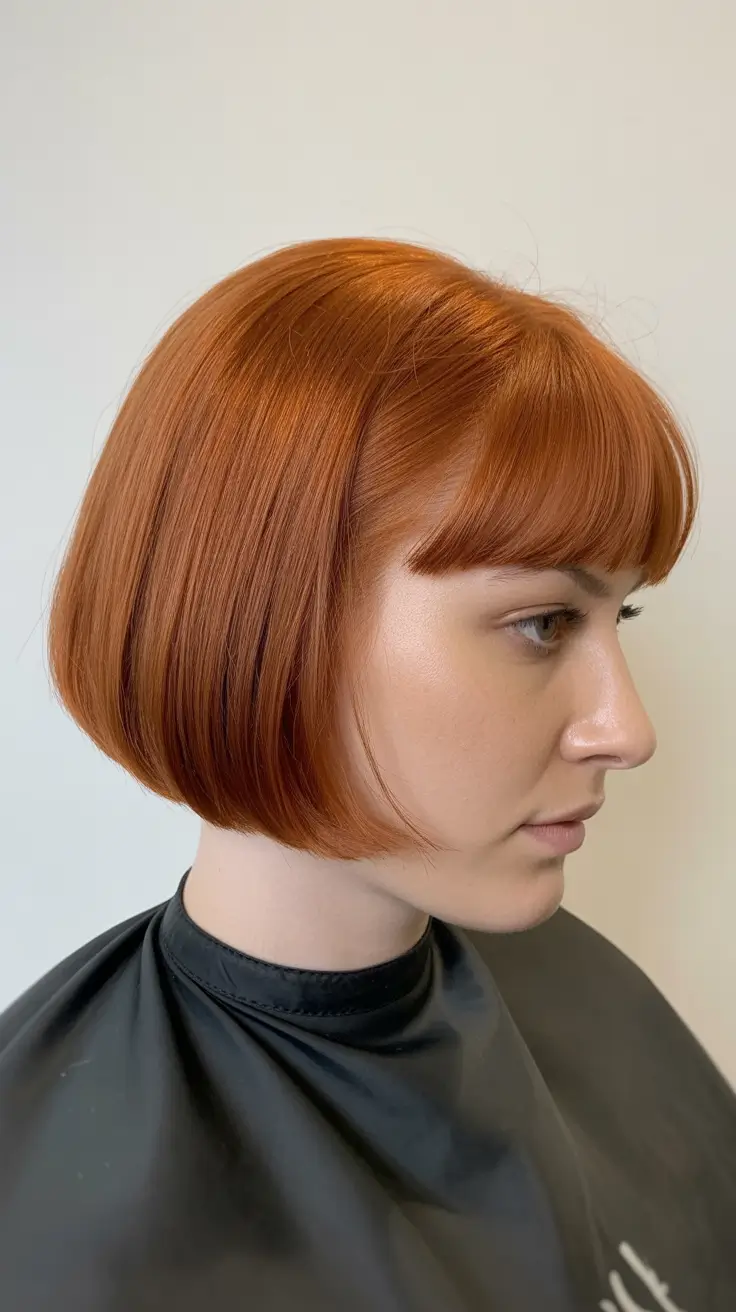 Stylish bob cuts for women 2026 Copper Bob with Bold Fringe Energy