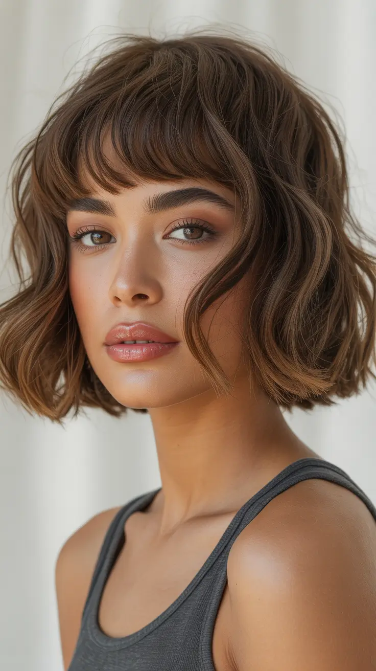 Stylish bob cuts for women 2026 Soft Curly Bob with Playful Bangs