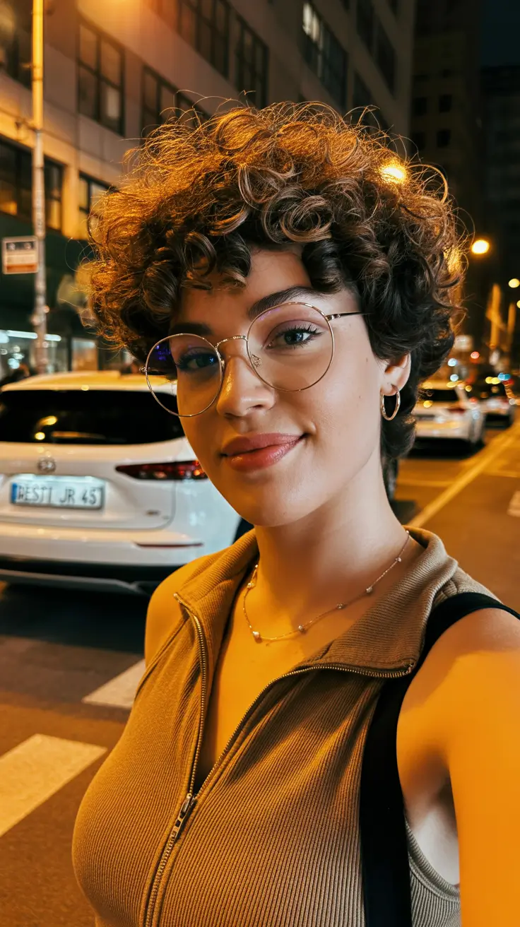 curly hairstyles City-Lit Curly Pixie with Soft Volume