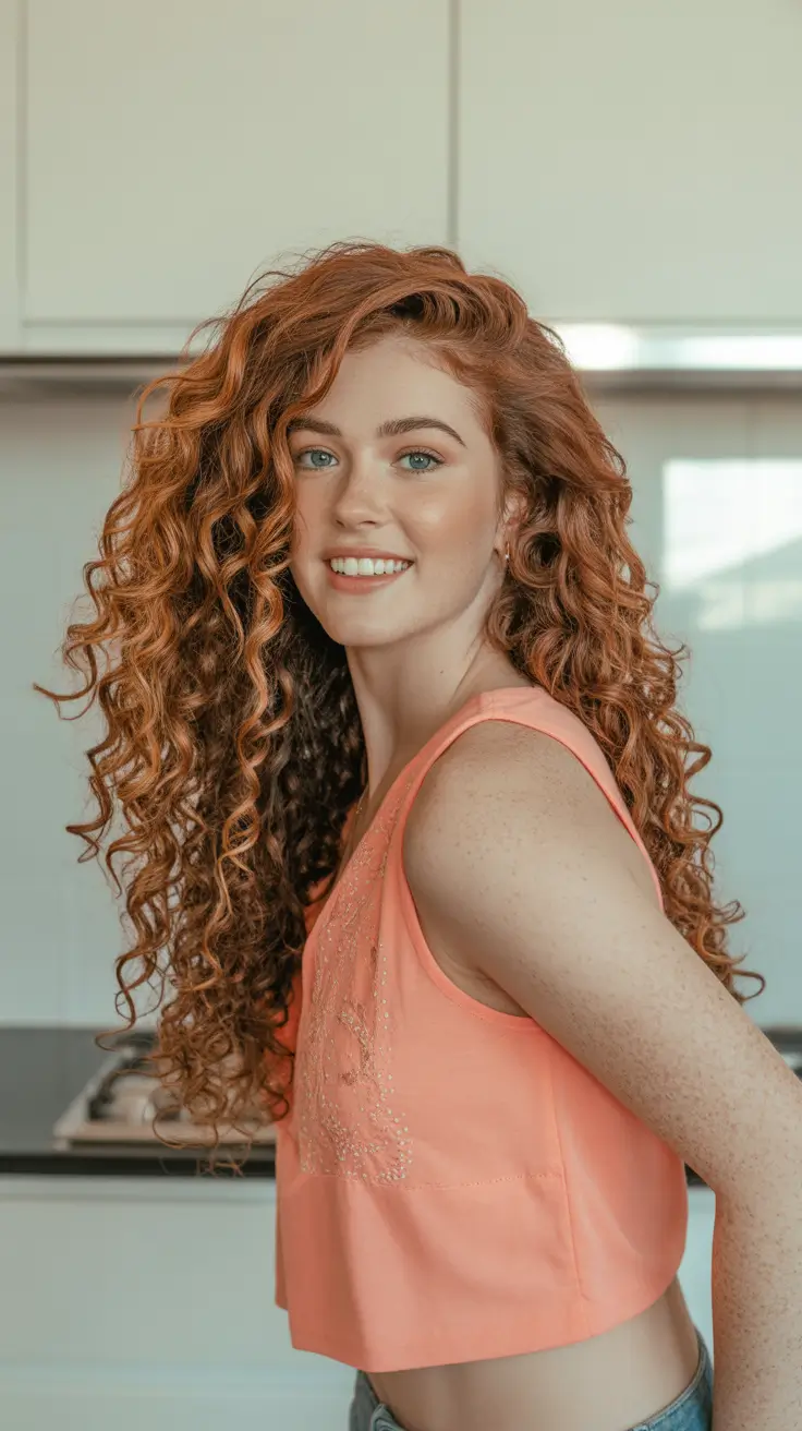 curly hairstyles Copper-Length Spirals with Sweeping Movement