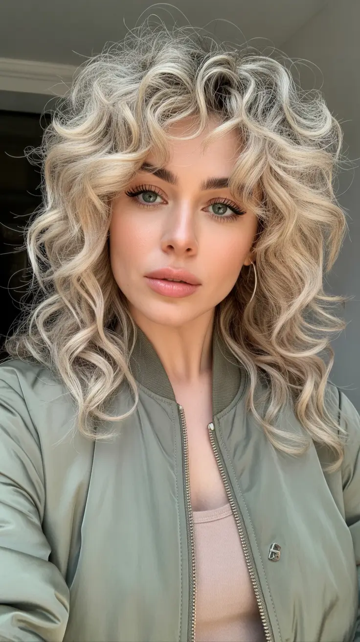 curly hairstyles Layered Platinum Waves with Airy Fringe