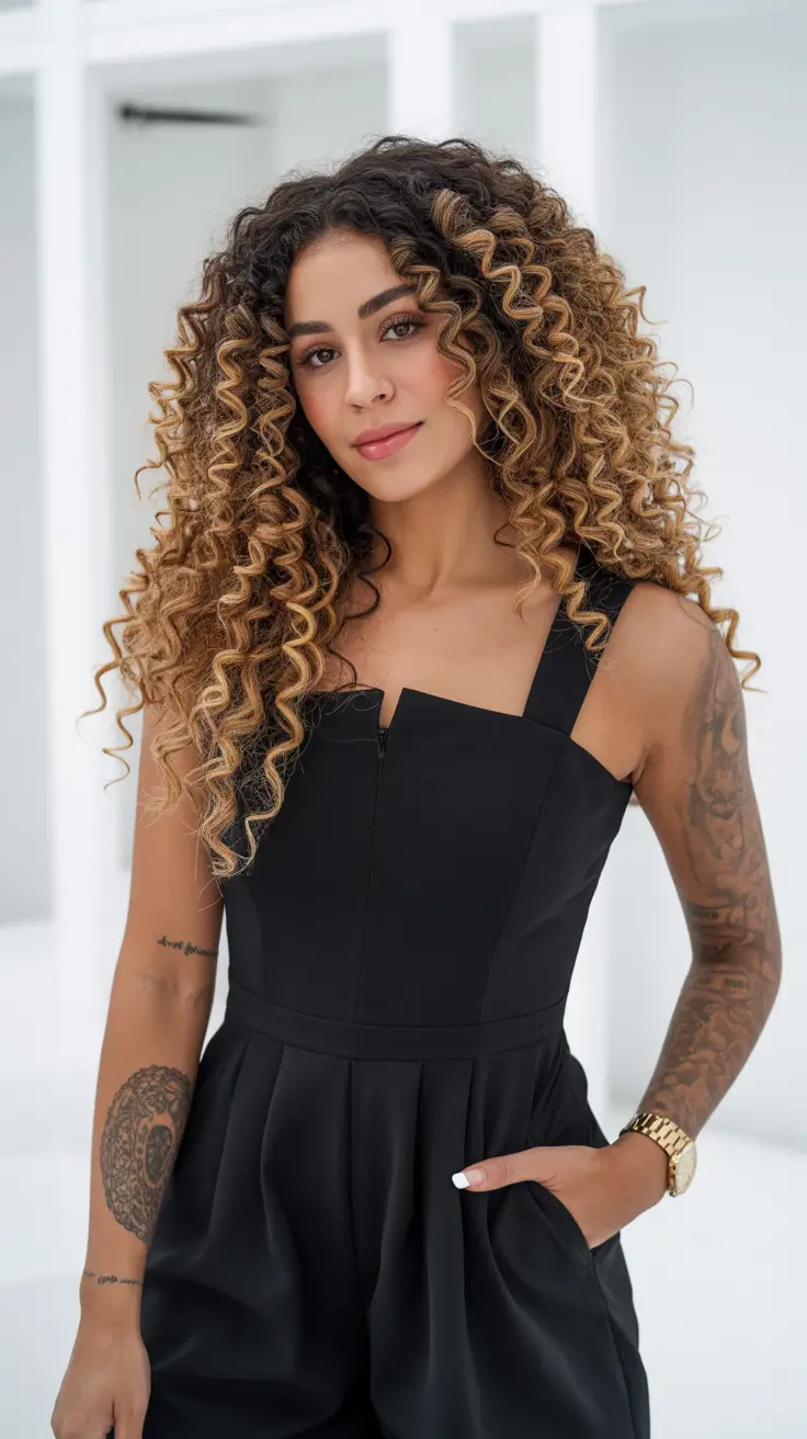 curly hairstyles Long Sculpted Corkscrews with Caramel Depth