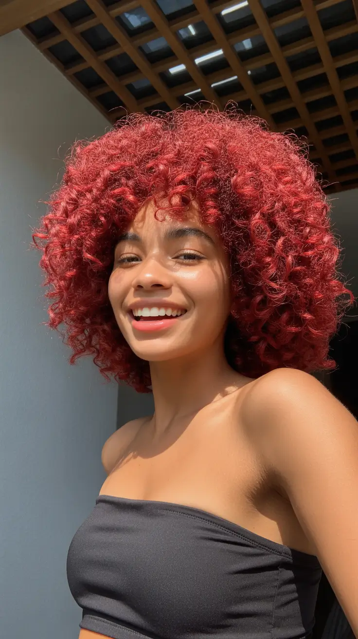 curly hairstyles Vibrant Ruby Coil Afro with Sunlit Texture