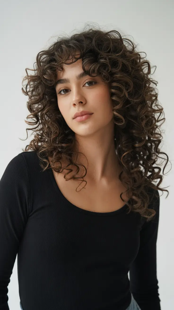 curly hairstyles 2026 Romantic Mid-Length Coils with Feathered Bangs