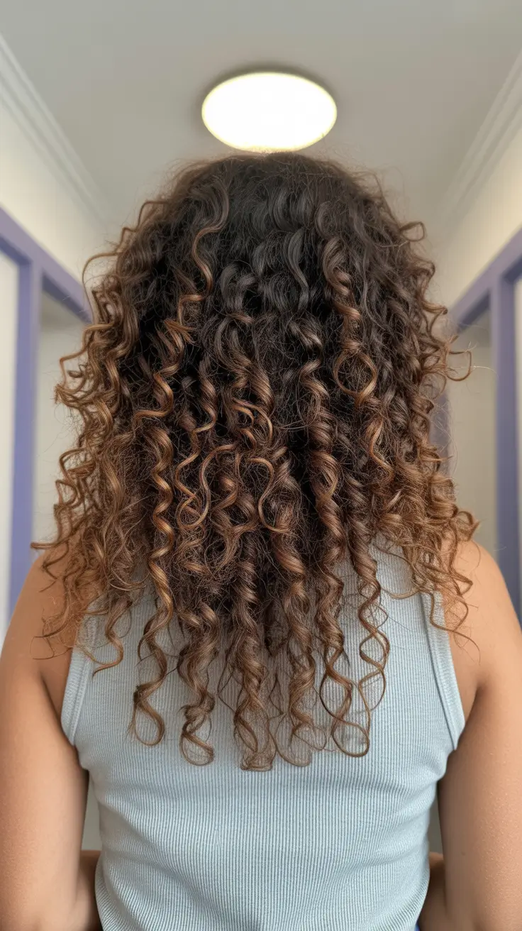 curly hairstyles 2026 Chocolate Curls with Caramel Ribbon Highlights