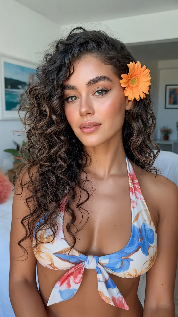 curly hairstyles Side-Swept Beach Curls with a Floral Accent