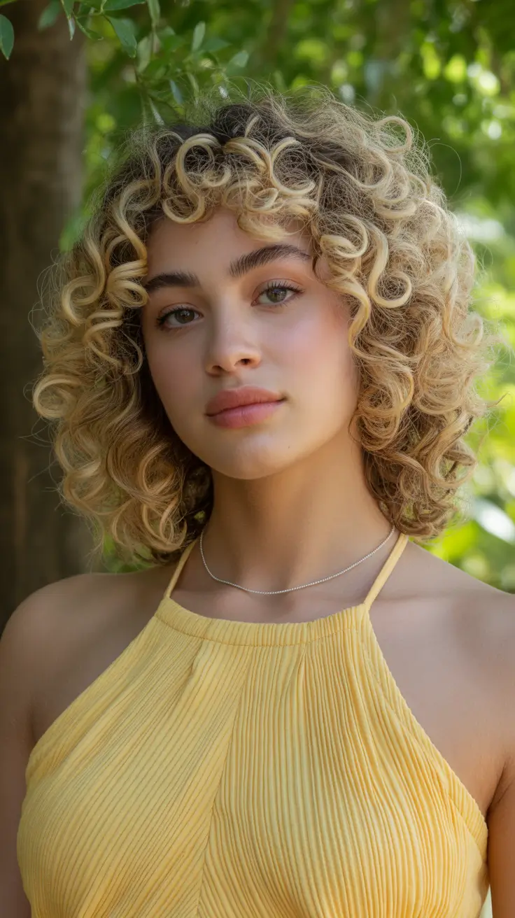 curly hairstyles Golden Curly Bob with Soft Spiral Fringe
