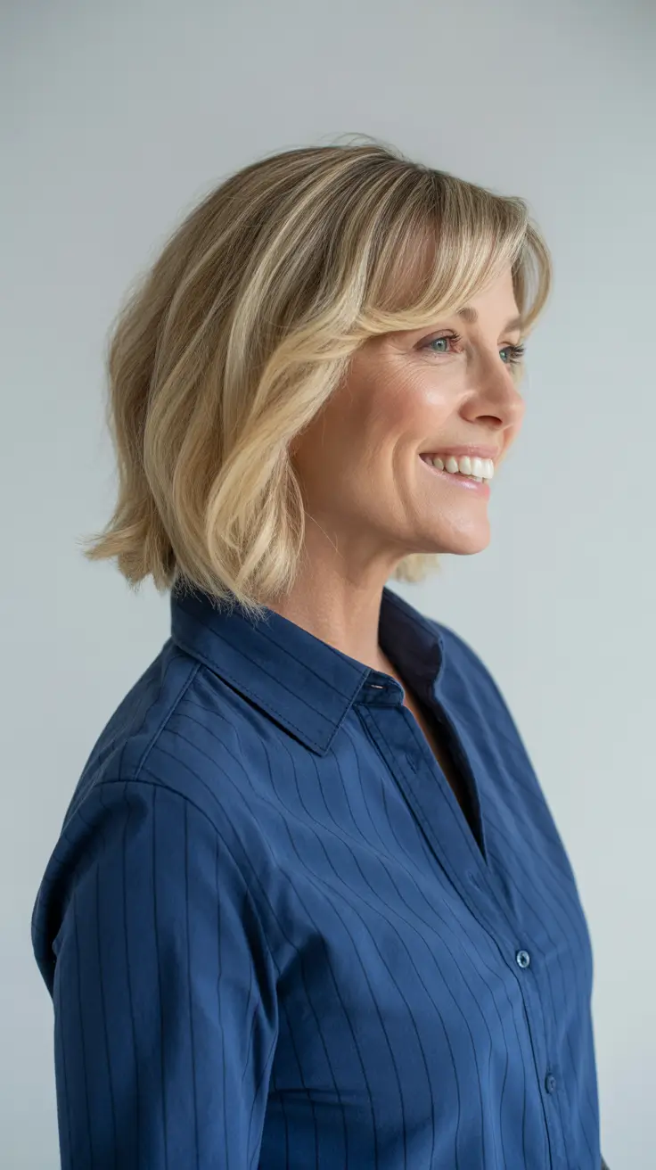 Polished Blonde Lob with Curtain Bangs haircuts for women over 40 2026