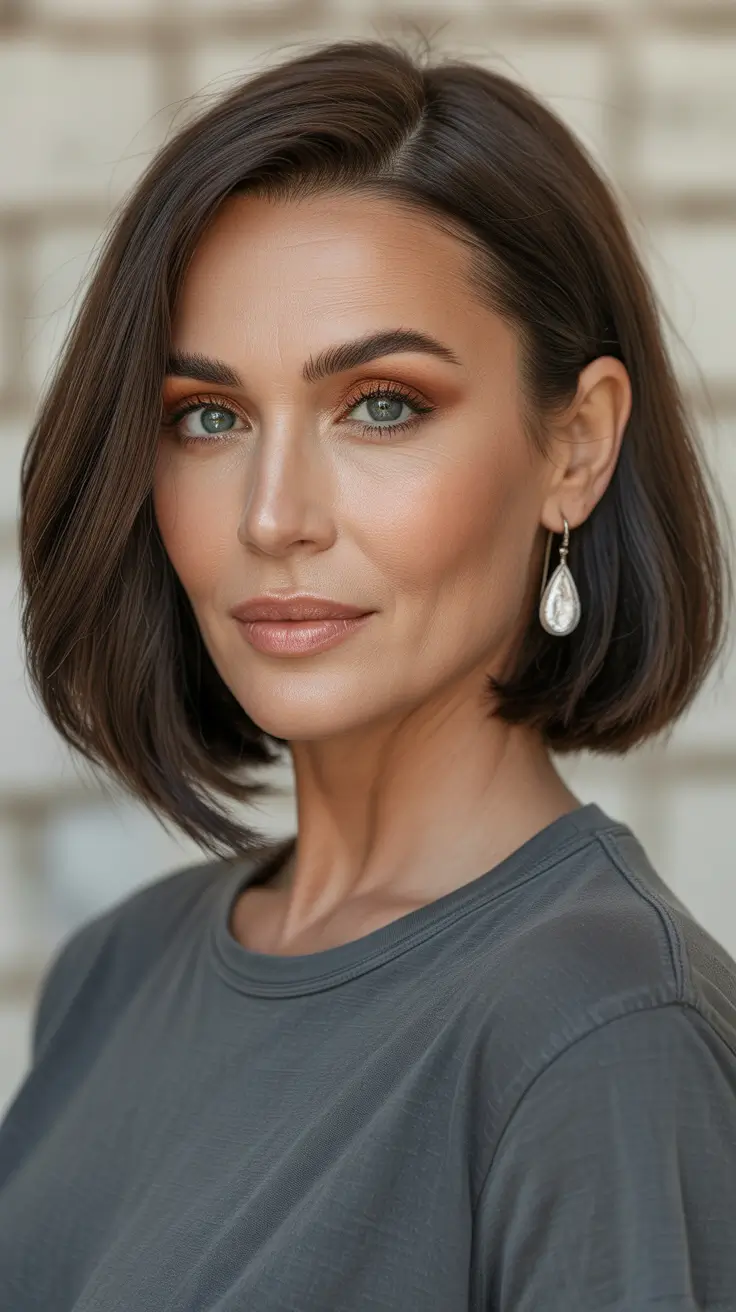 Glossy Brunette Modern Short Bob haircuts for women over 40 2026