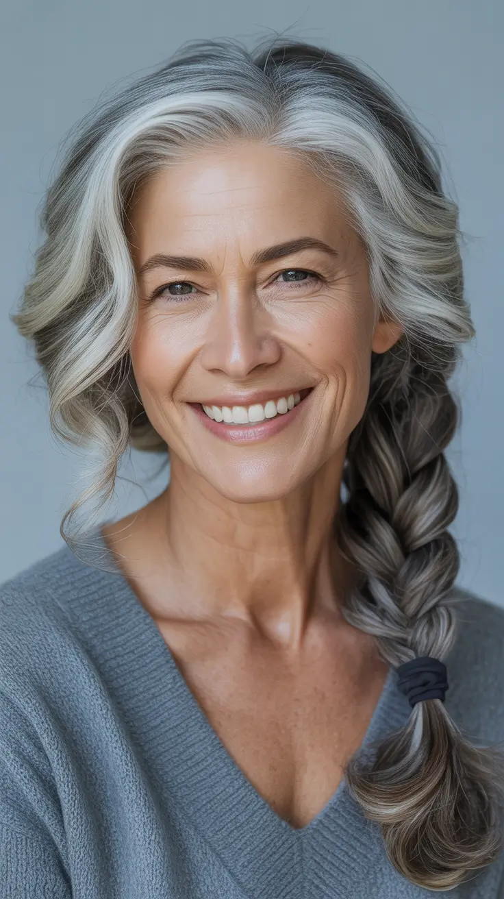 haircuts for women over 60 medium length Soft Silver Braid with Natural Texture