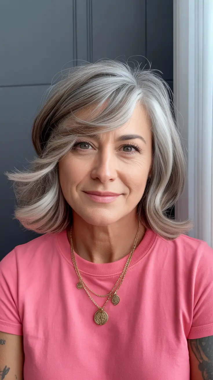 haircuts for women over 60 round face Silver Windswept Bob with Side Fringe