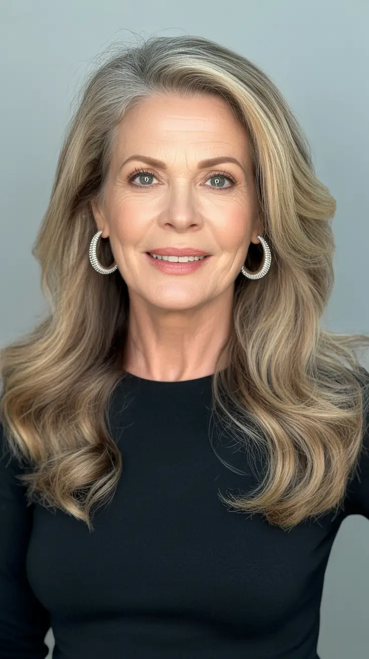 haircuts for women over 60 long length Long Layered Waves with Champagne Highlights