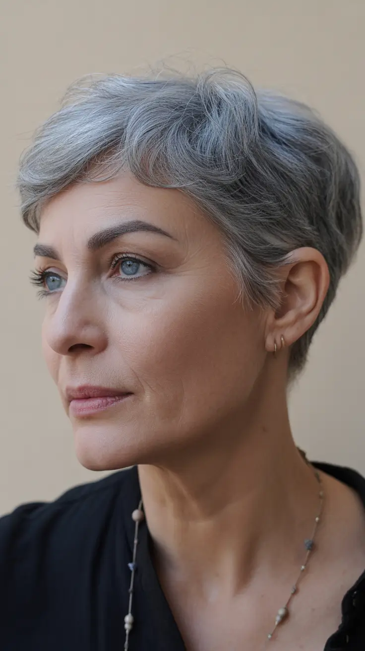 haircuts for women over 60 short length Short Silver Crop with Subtle Bangs