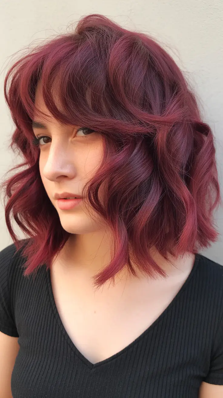 Stylish Medium Length Haircuts 2026 Wine Glow Burgundy Waves with Soft Bangs
